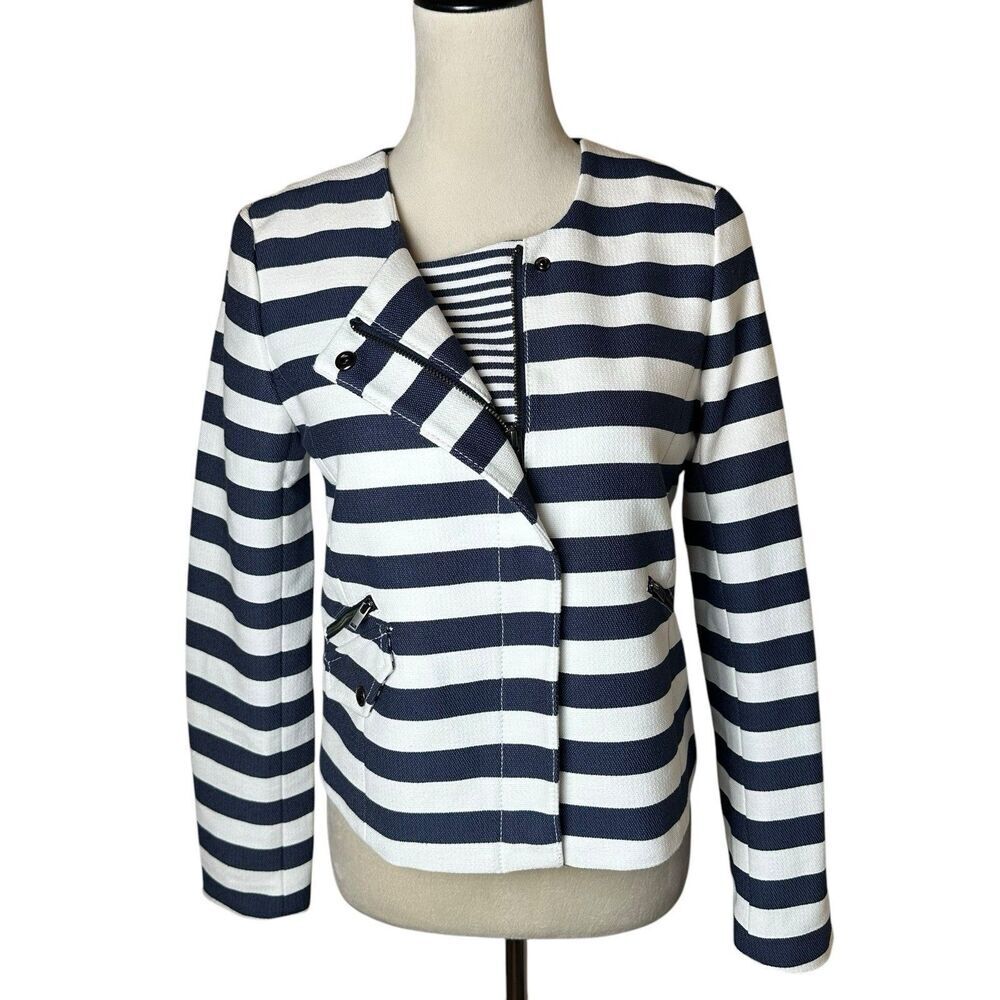 Banana Republic Navy Stripe Lined Moto Jacket 2 | Coastal Nautical Resort Preppy